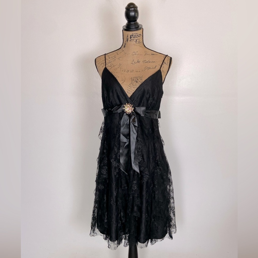 Cache Lace Layered Mini Dress 12 Black Grunge Fairy Goth Party Witchy Satin Bow